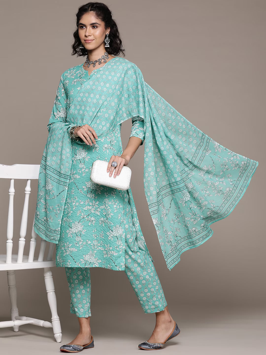 Straight style cotton fabric Sea green color kurta with Bottom and dupatta
