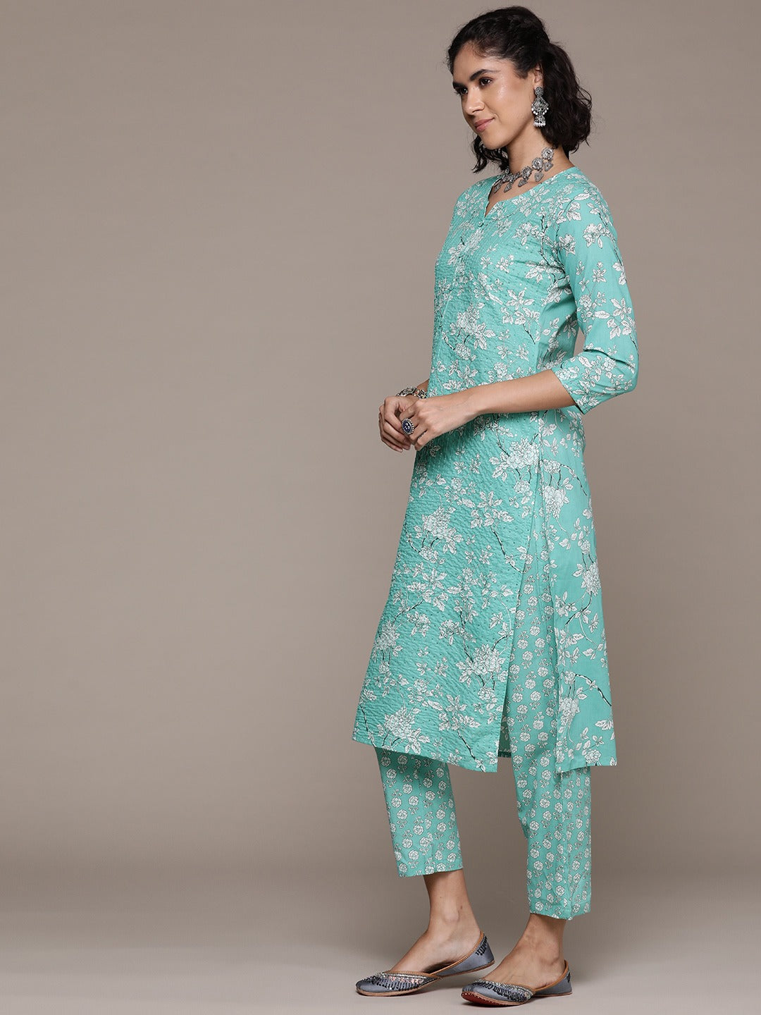 Straight style cotton fabric Sea green color kurta with Bottom and dupatta