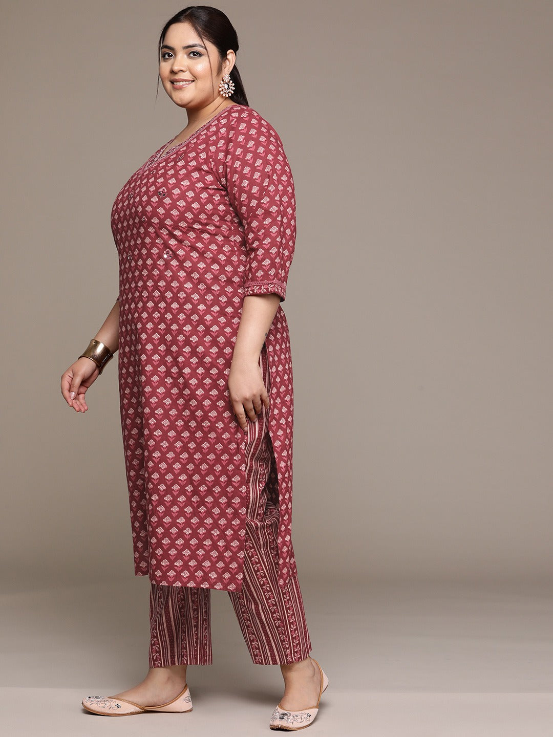 Plus Size Straight style cotton fabric Burgundy color kurta with Bottom and dupatta
