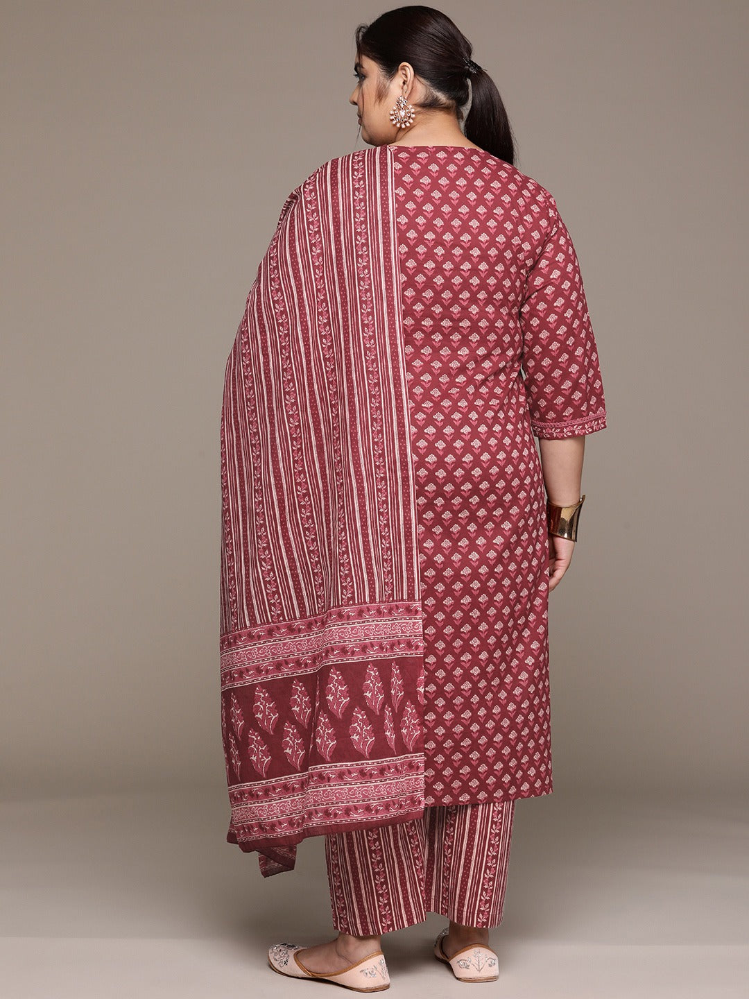 Plus Size Straight style cotton fabric Burgundy color kurta with Bottom and dupatta