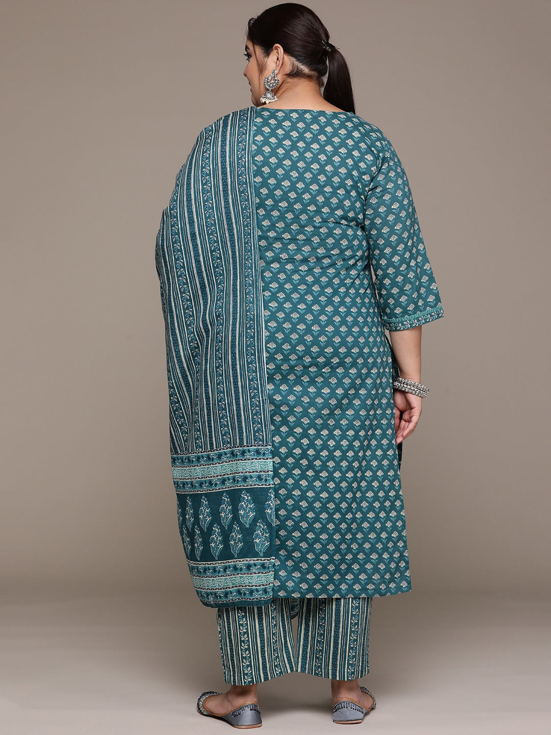 Plus Size Straight style cotton fabric Teal color kurta with Bottom and dupatta