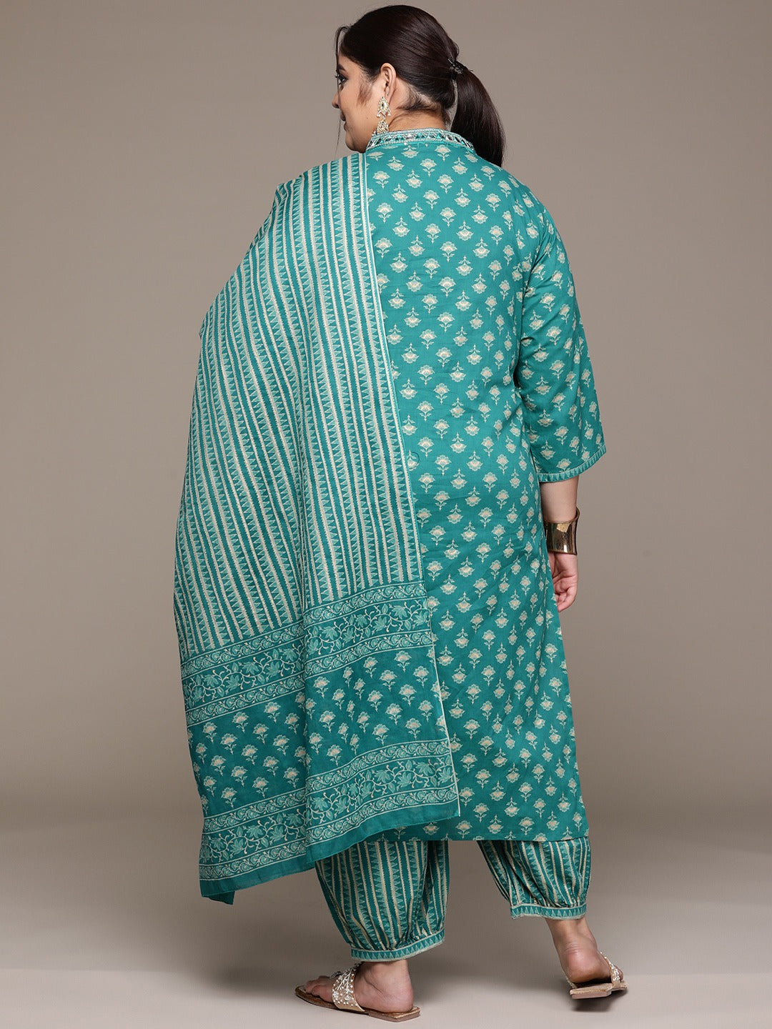 Plus Size Straight style cotton fabric Teal color kurta with Bottom and dupatta