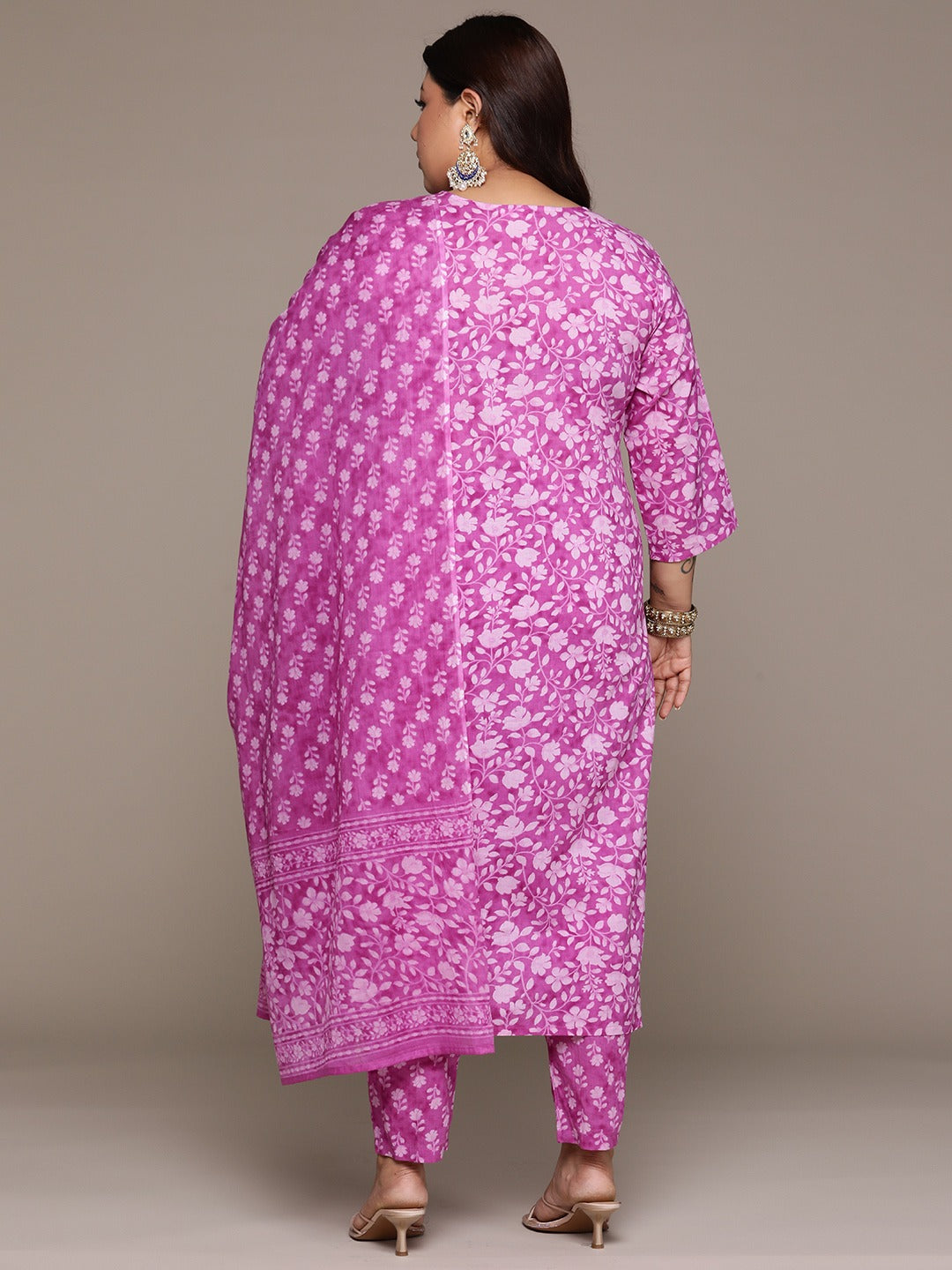 Plus Size Straight style cotton fabric Purple color kurta with Bottom and Dupatta