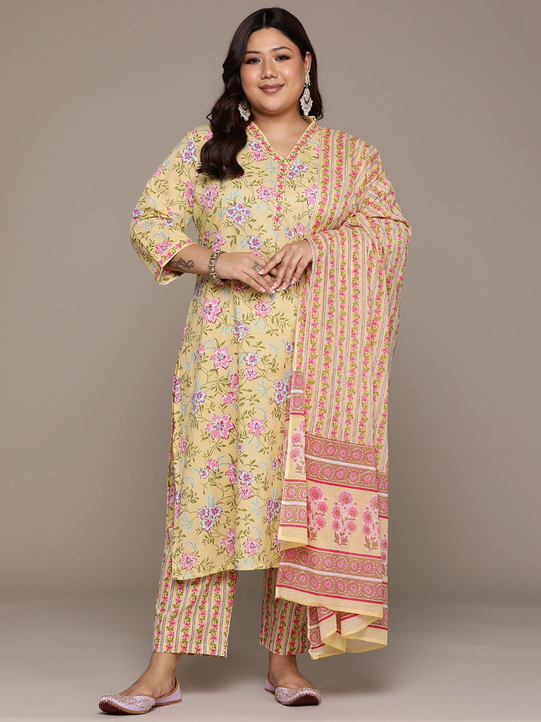 Plus Size Straight style cotton fabric Yellow color kurta with Bottom and Dupatta
