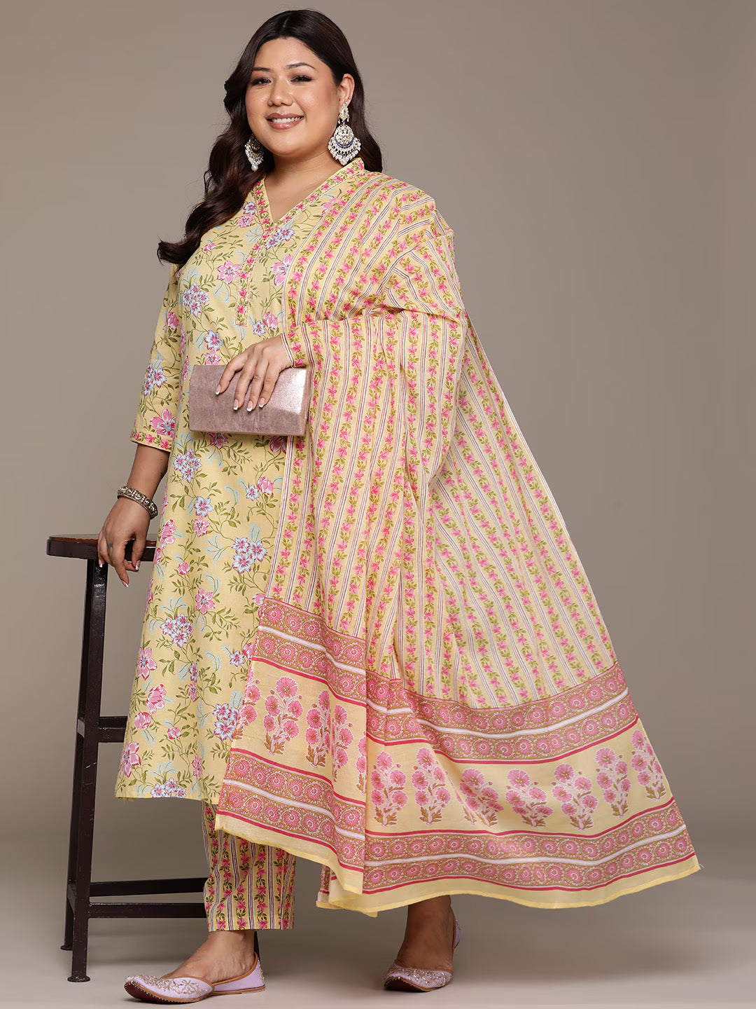 Plus Size Straight style cotton fabric Yellow color kurta with Bottom and Dupatta