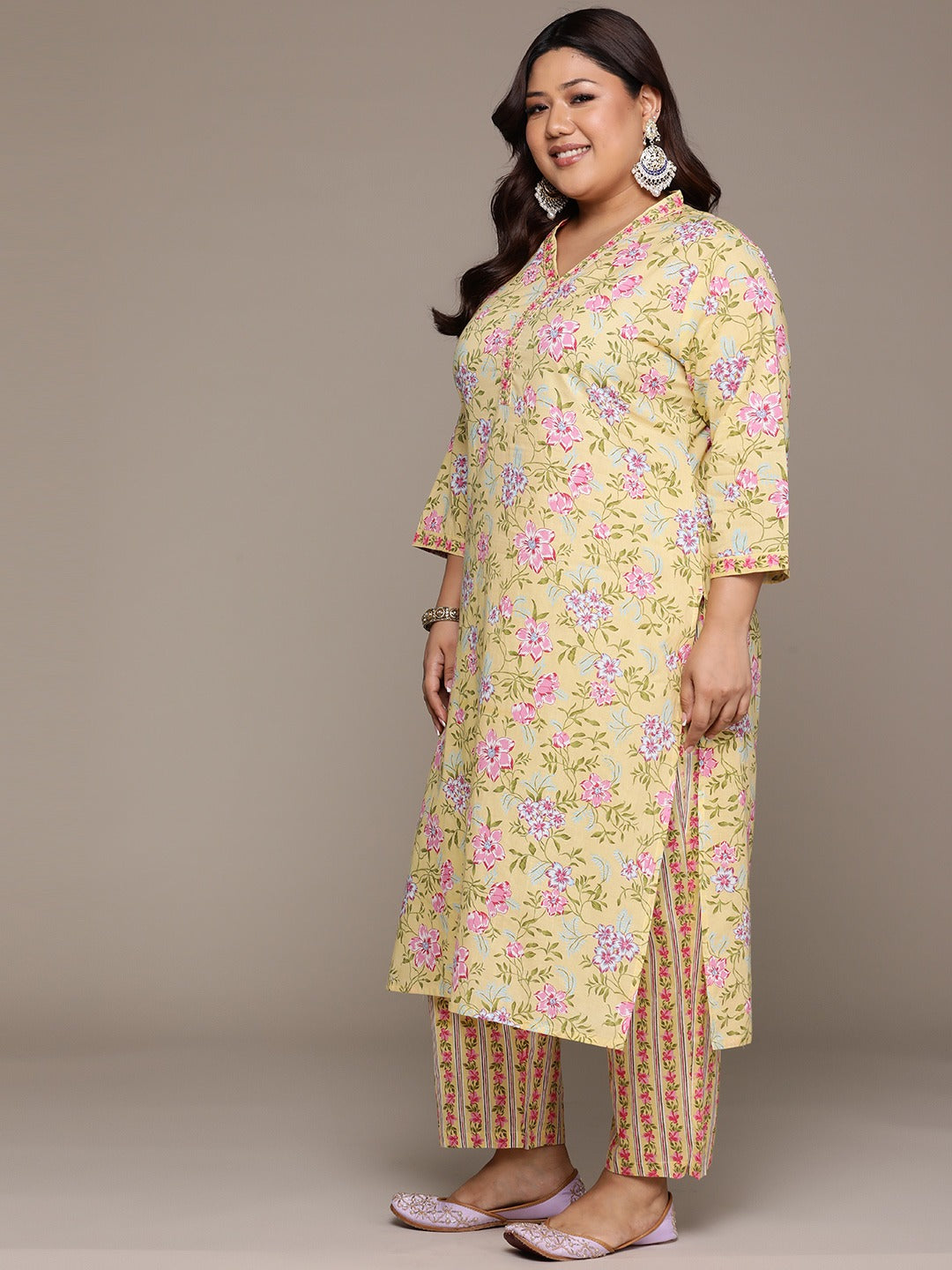 Plus Size Straight style cotton fabric Yellow color kurta with Bottom and Dupatta