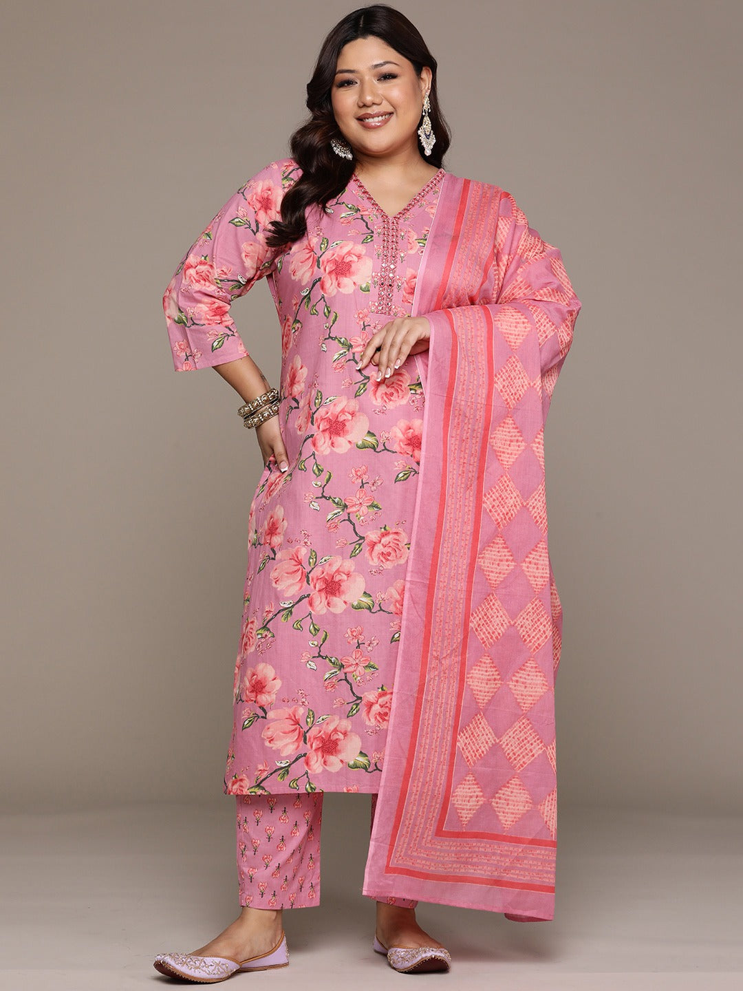 Plus Size Straight style cotton fabric Mauve color kurta with Bottom and Dupatta