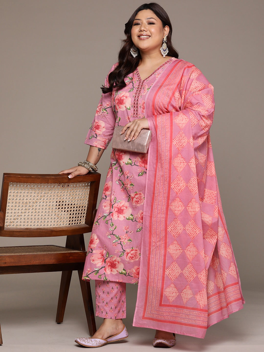 Plus Size Straight style cotton fabric Mauve color kurta with Bottom and Dupatta