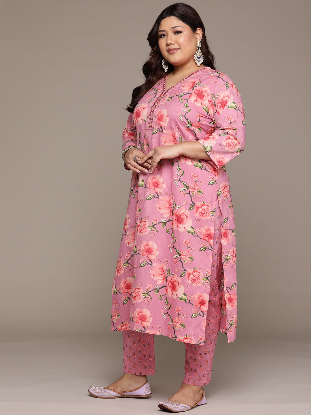 Plus Size Straight style cotton fabric Mauve color kurta with Bottom and Dupatta