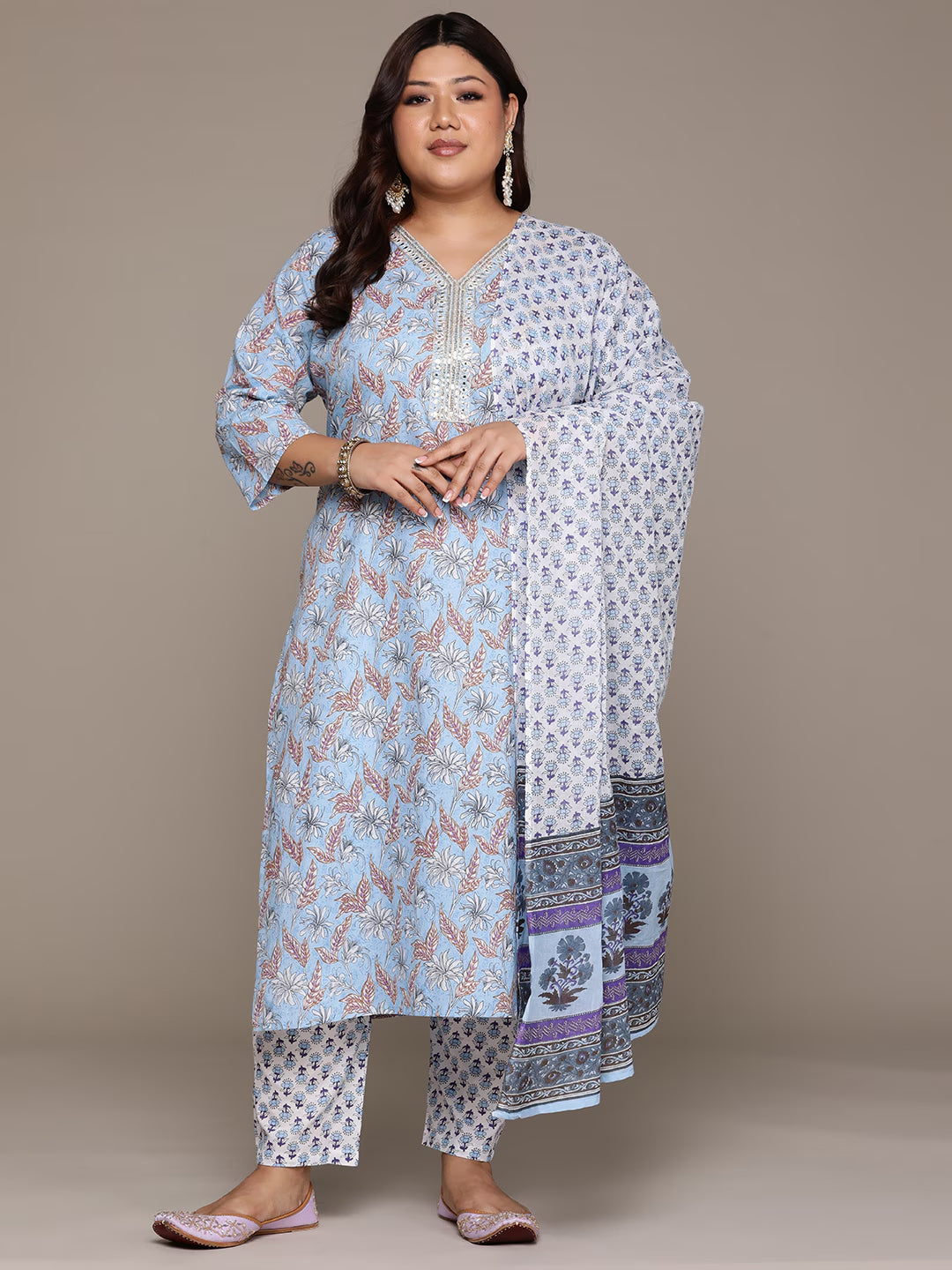 Plus Size Straight style cotton fabric Blue color kurta with Bottom and Dupatta