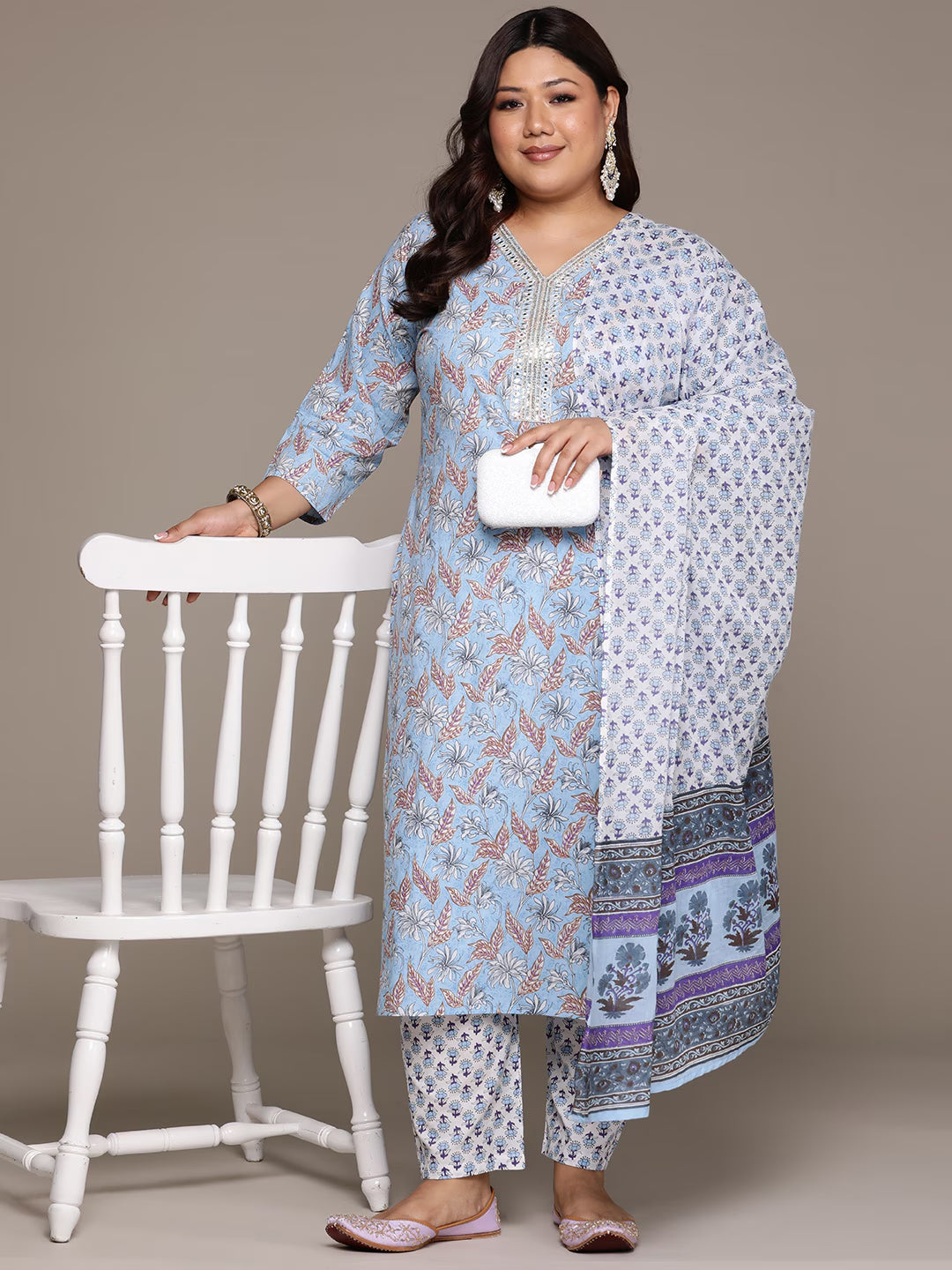 Plus Size Straight style cotton fabric Blue color kurta with Bottom and Dupatta