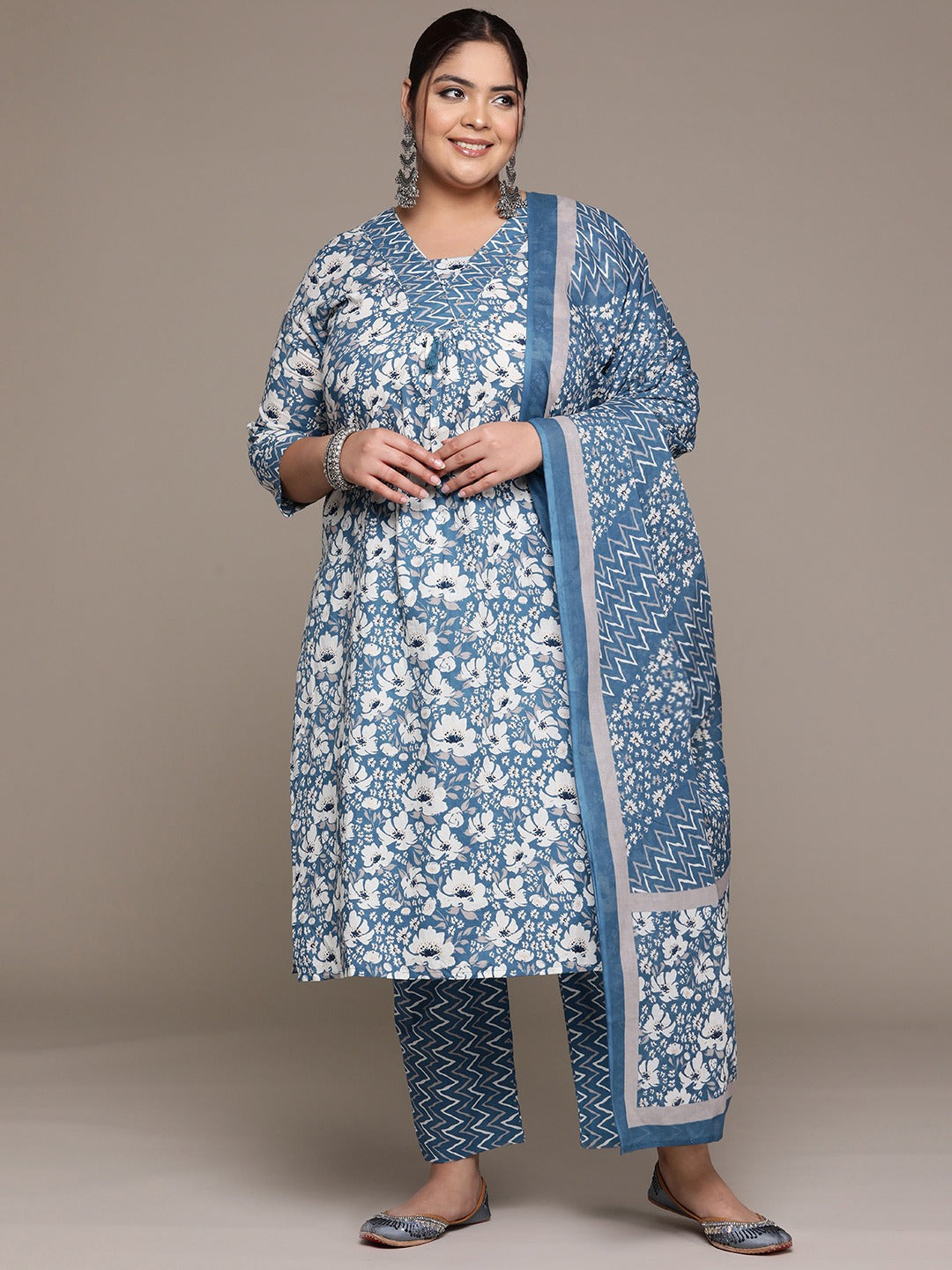 Plus Size Straight style cotton fabric Blue color kurta with Bottom and Dupatta
