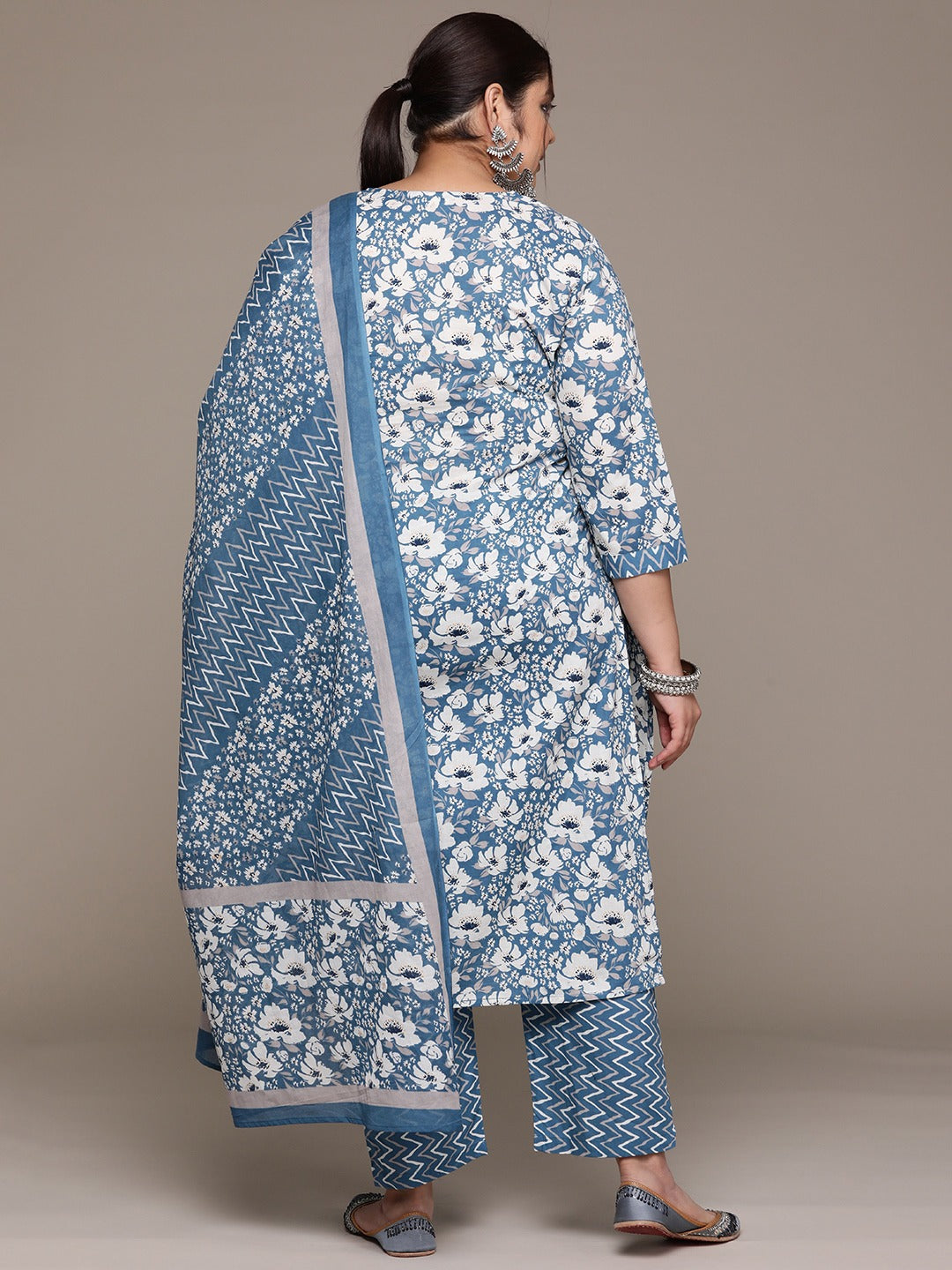 Plus Size Straight style cotton fabric Blue color kurta with Bottom and Dupatta