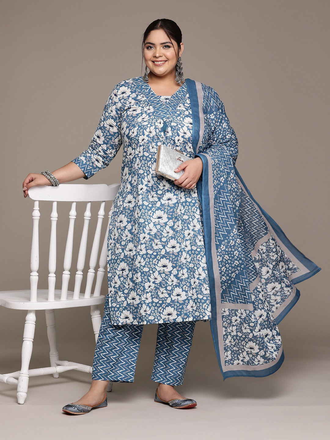Plus Size Straight style cotton fabric Blue color kurta with Bottom and Dupatta