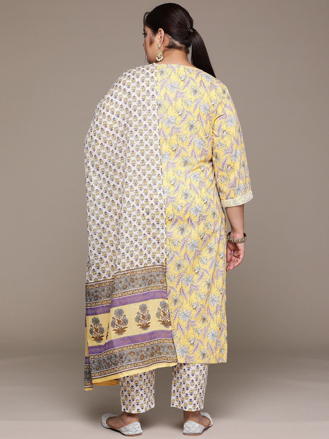 Plus Size Flared style cotton fabric Yellow color kurta with Bottom and Dupatta