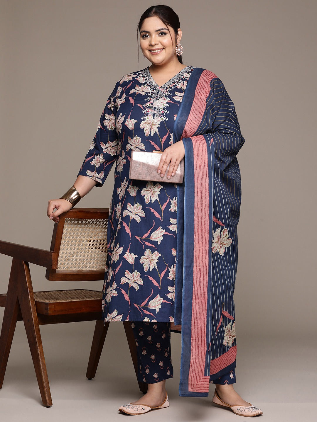 Plus Size Straight style cotton fabric Navy Blue color kurta with Bottom and Dupatta
