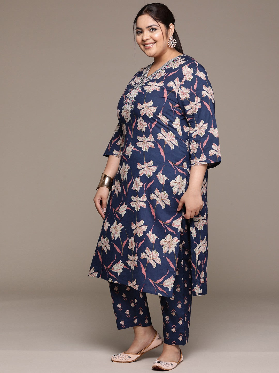 Plus Size Straight style cotton fabric Navy Blue color kurta with Bottom and Dupatta