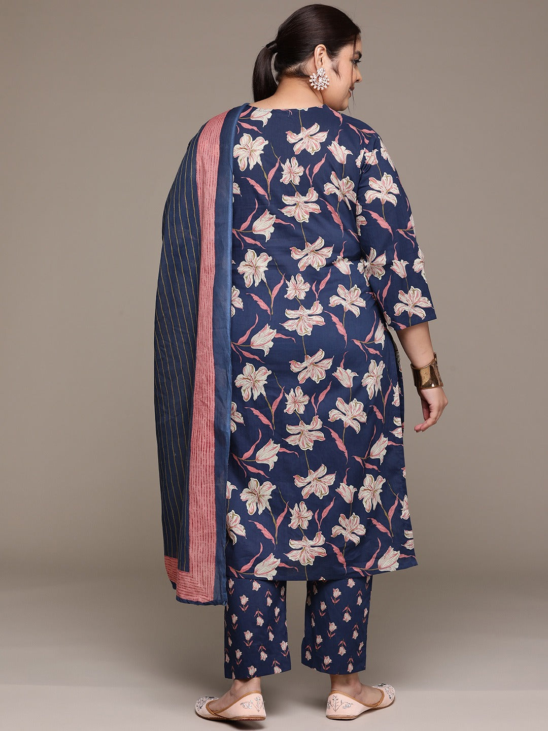 Plus Size Straight style cotton fabric Navy Blue color kurta with Bottom and Dupatta