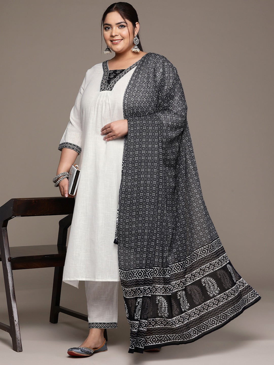 Plus Size Straight style cotton fabric White color kurta with Bottom and Dupatta