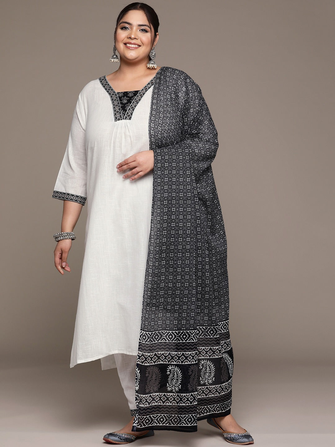Plus Size Straight style cotton fabric White color kurta with Bottom and Dupatta