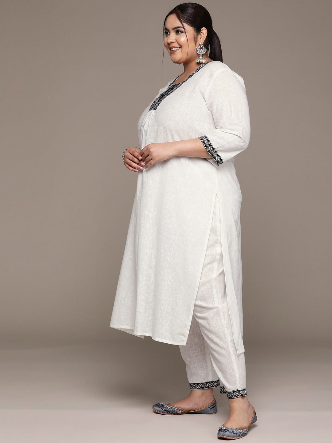 Plus Size Straight style cotton fabric White color kurta with Bottom and Dupatta