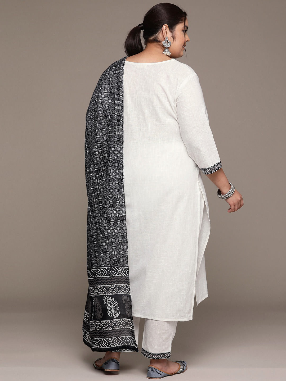 Plus Size Straight style cotton fabric White color kurta with Bottom and Dupatta