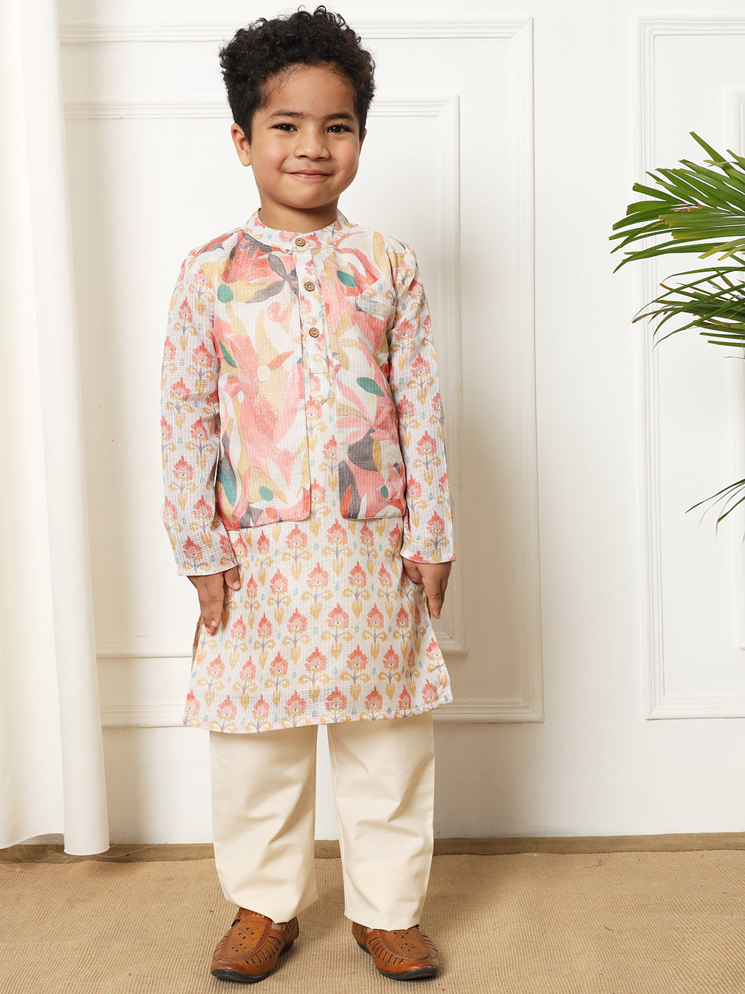 Boys Straight style Kota doria fabric Beige color kurta and Pajama