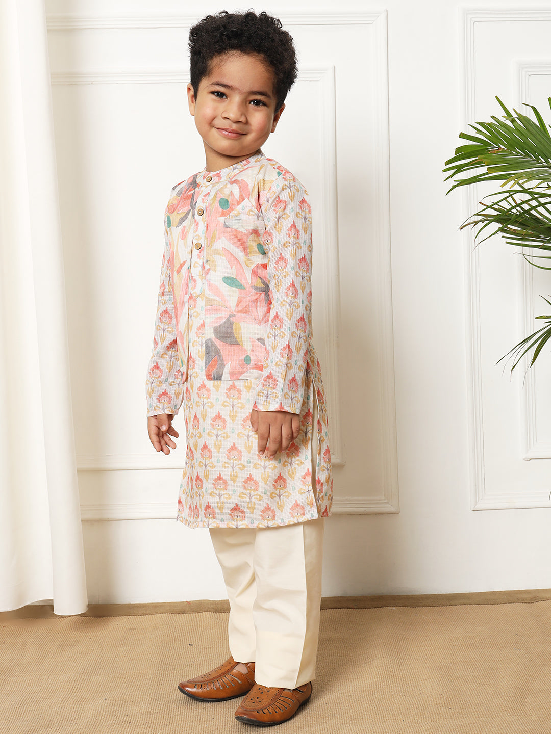 Boys Straight style Kota doria fabric Beige color kurta and Pajama