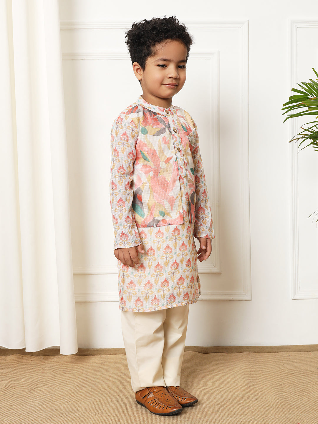 Boys Straight style Kota doria fabric Beige color kurta and Pajama