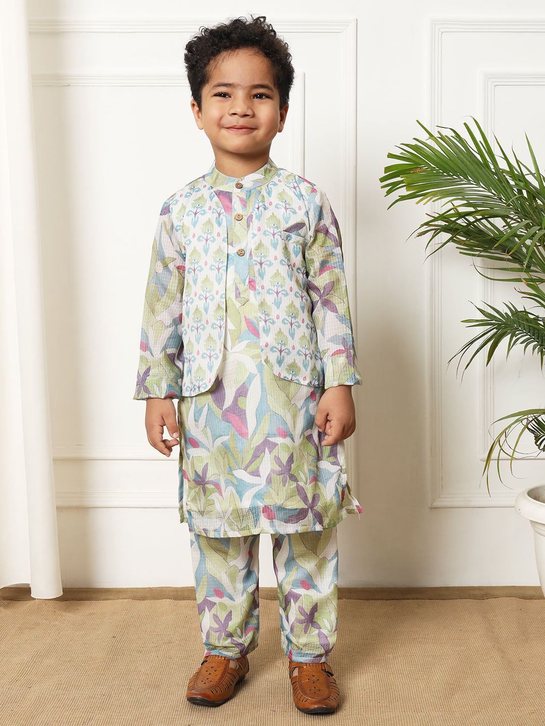Boys Straight style Kota doria fabric Green color kurta and Pajama