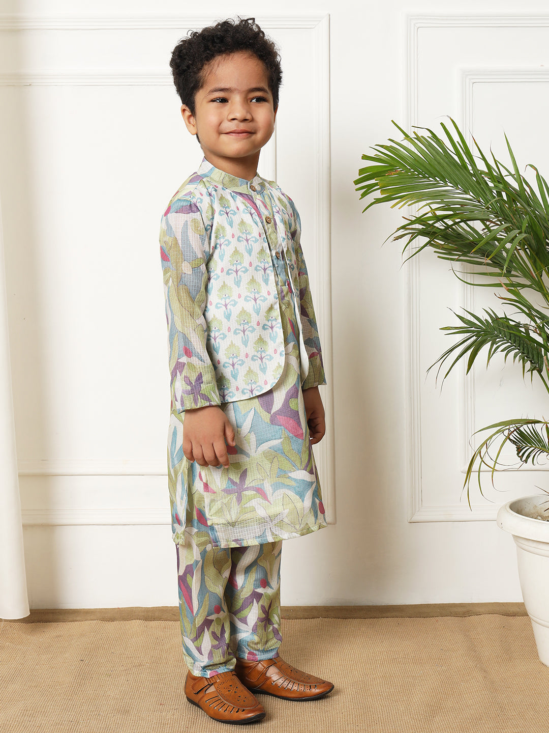 Boys Straight style Kota doria fabric Green color kurta and Pajama