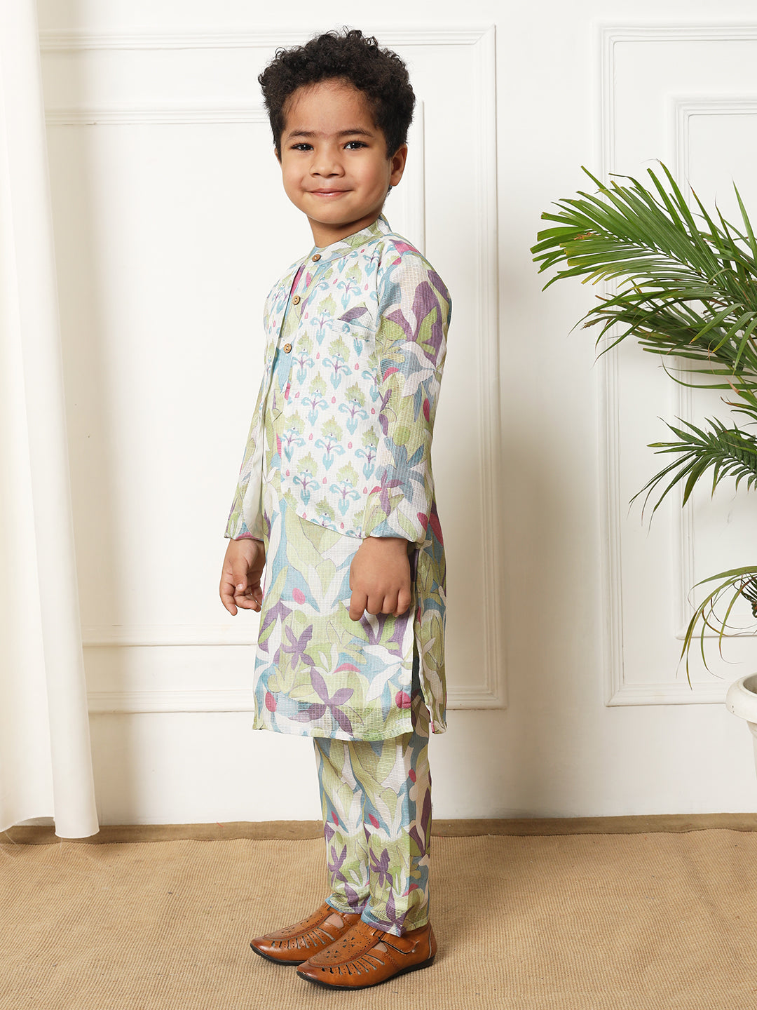 Boys Straight style Kota doria fabric Green color kurta and Pajama