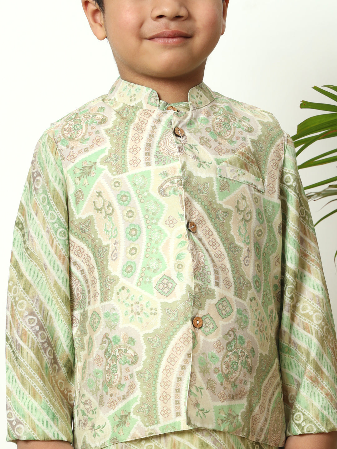 Boys Straight style Silk fabric Olive color kurta and Pajama with Nehru jacket