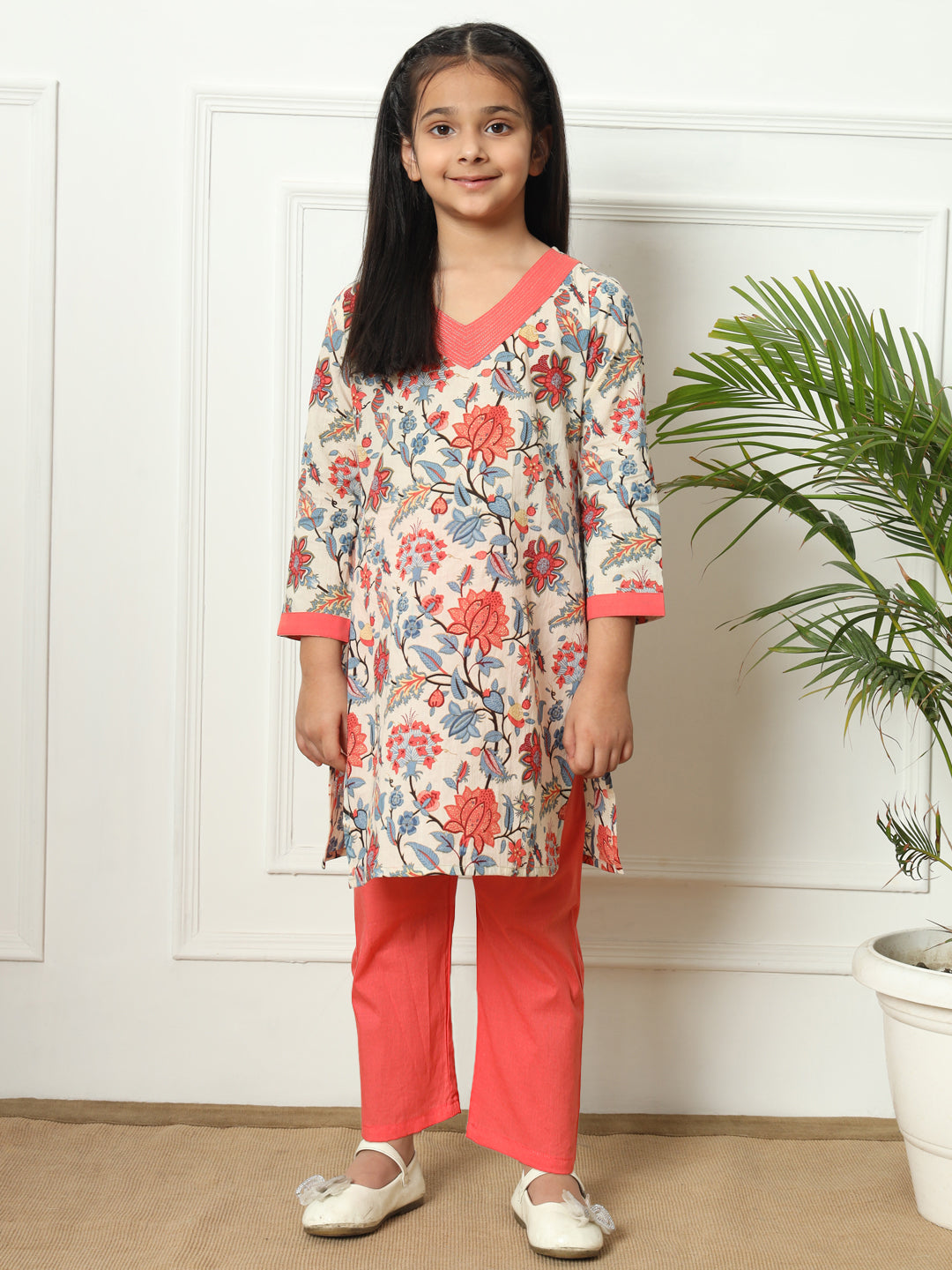 Straight style Cotton fabric Peach color Kurti with Bottom