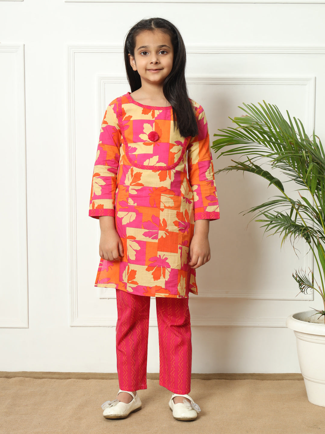 Straight style Cotton fabric Pink color Kurti with Bottom
