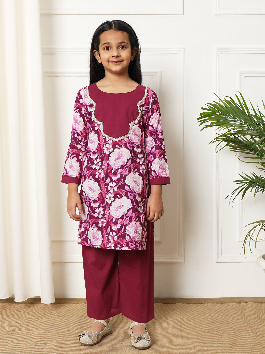 Straight style Cotton fabric Violet color Kurti with Bottom