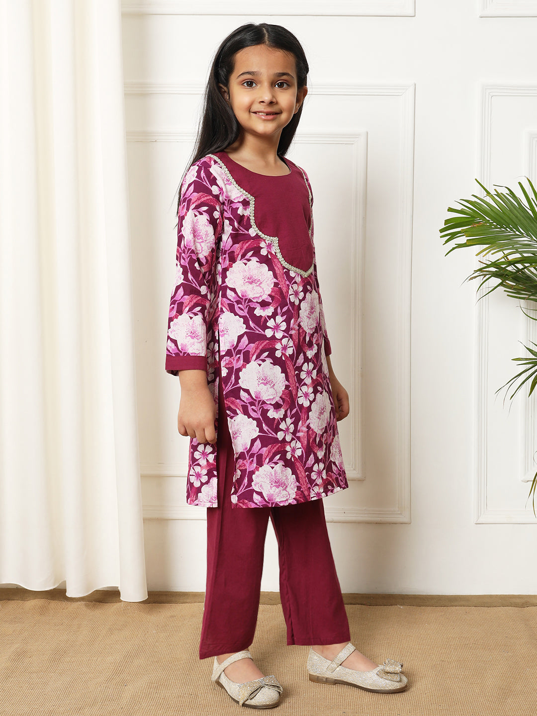 Straight style Cotton fabric Violet color Kurti with Bottom
