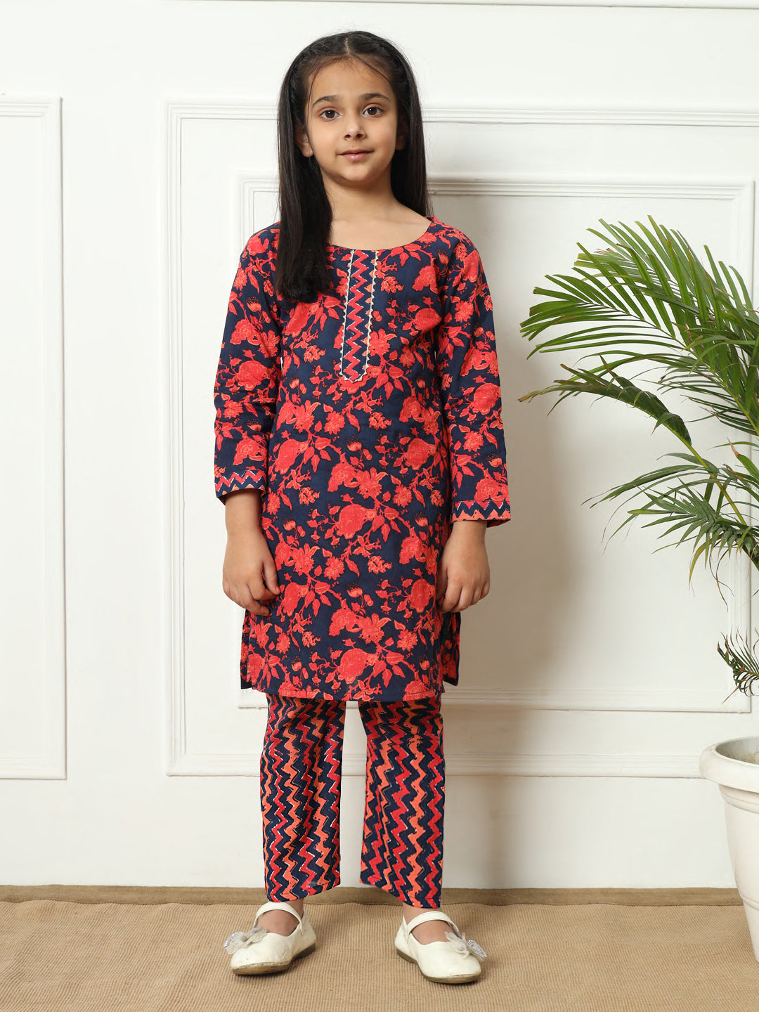 Straight style Cotton fabric Navy Blue color Kurti with Bottom