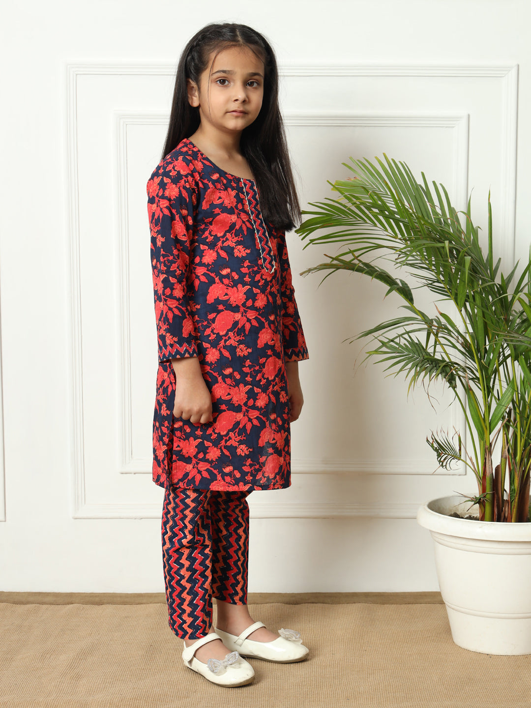 Straight style Cotton fabric Navy Blue color Kurti with Bottom