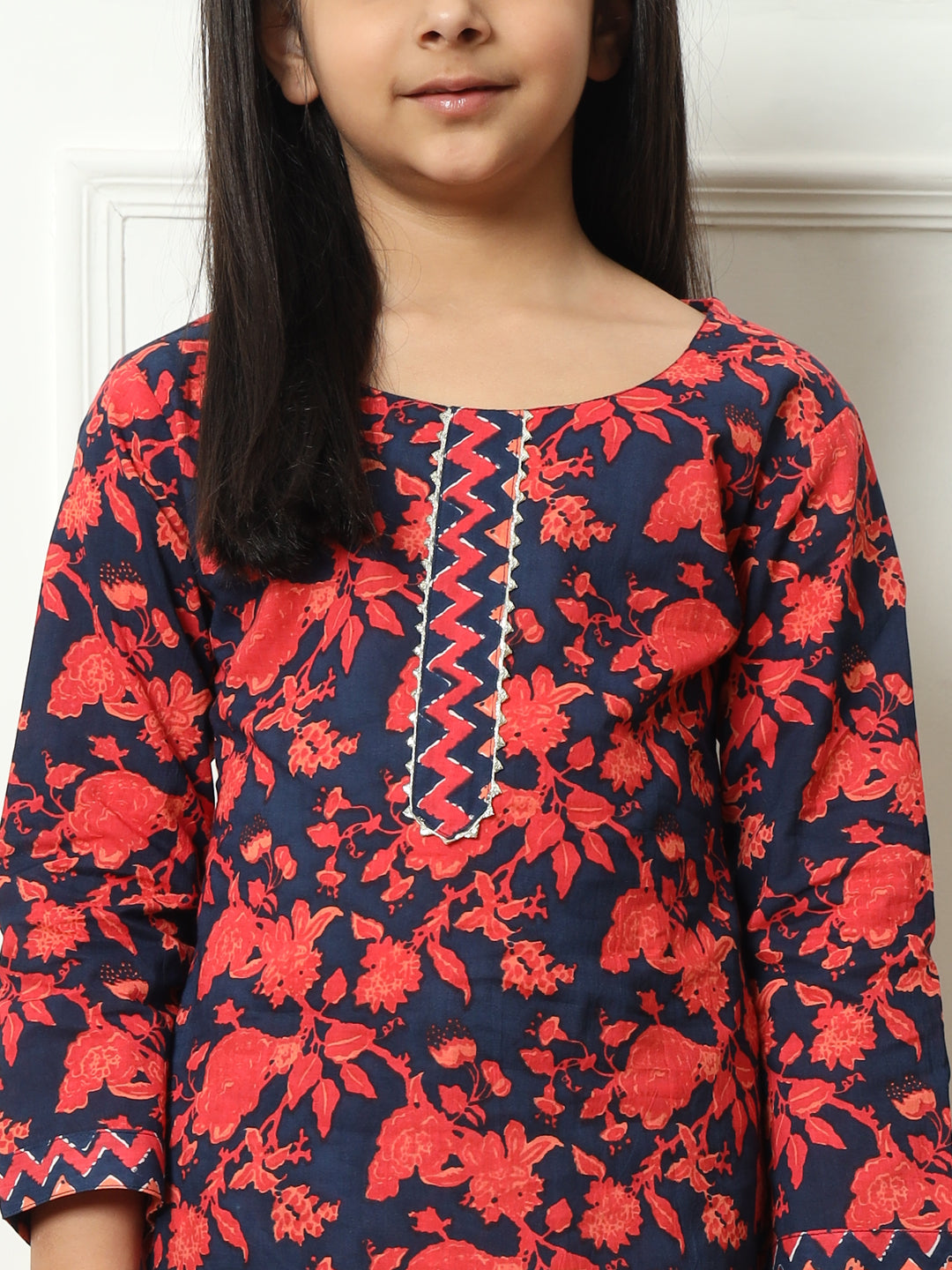 Straight style Cotton fabric Navy Blue color Kurti with Bottom