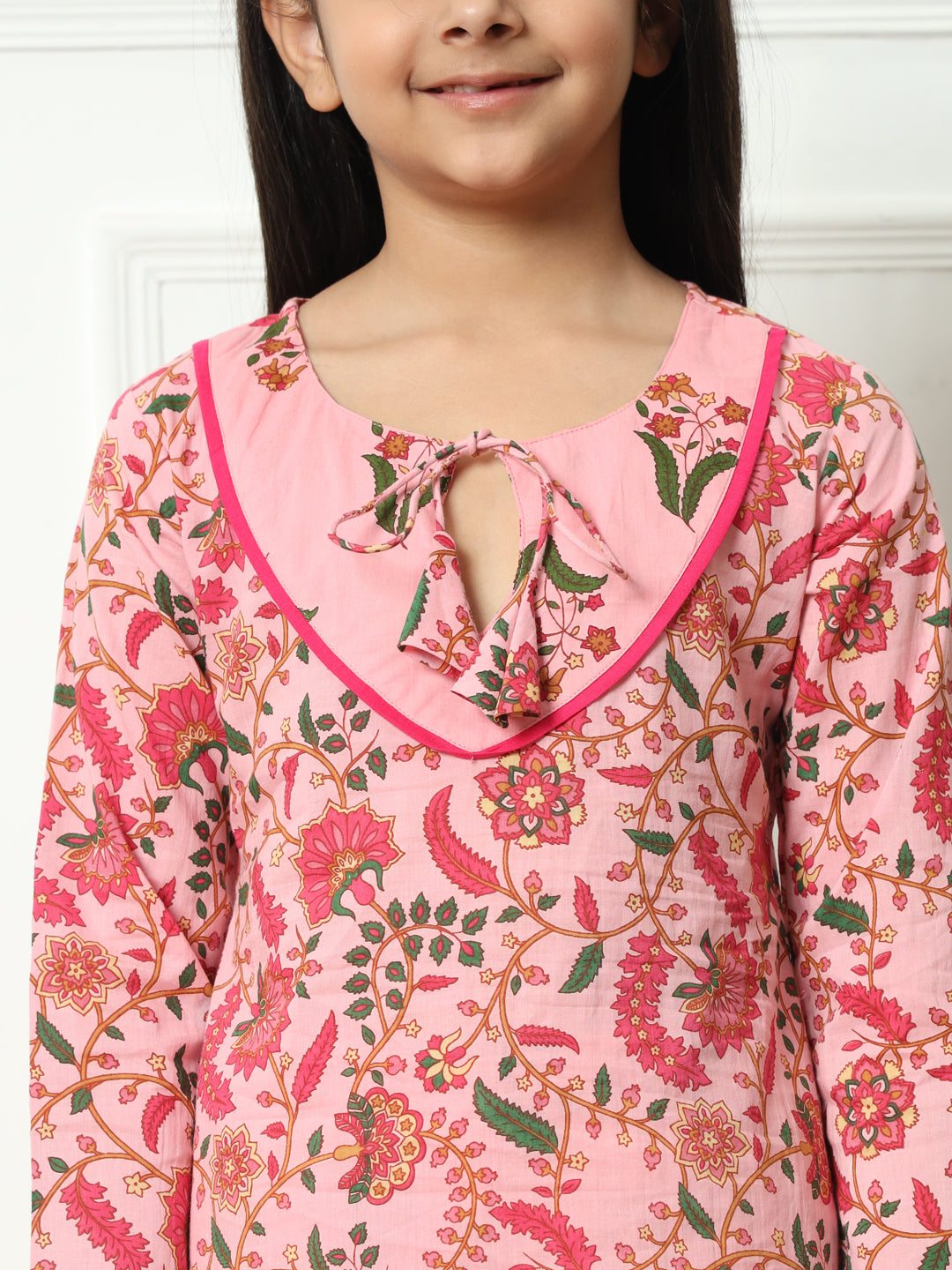 Straight style Cotton fabric Pink color Kurti with Bottom