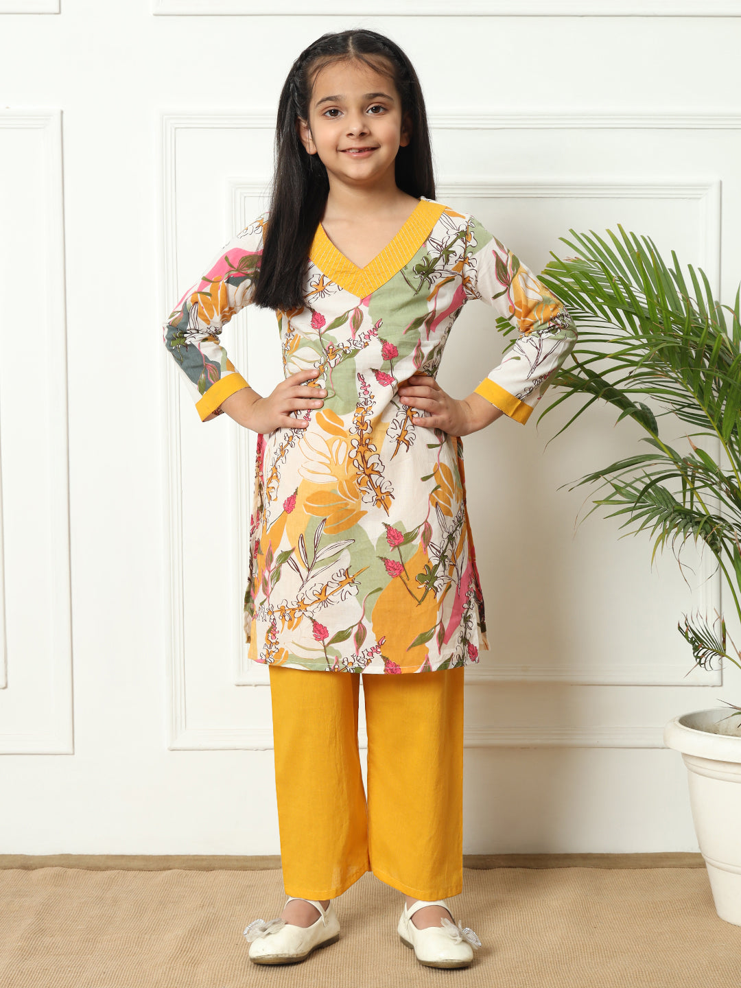 Straight style Cotton fabric Mustard color Kurti with Bottom
