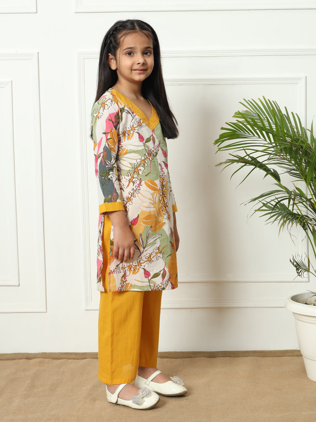 Straight style Cotton fabric Mustard color Kurti with Bottom