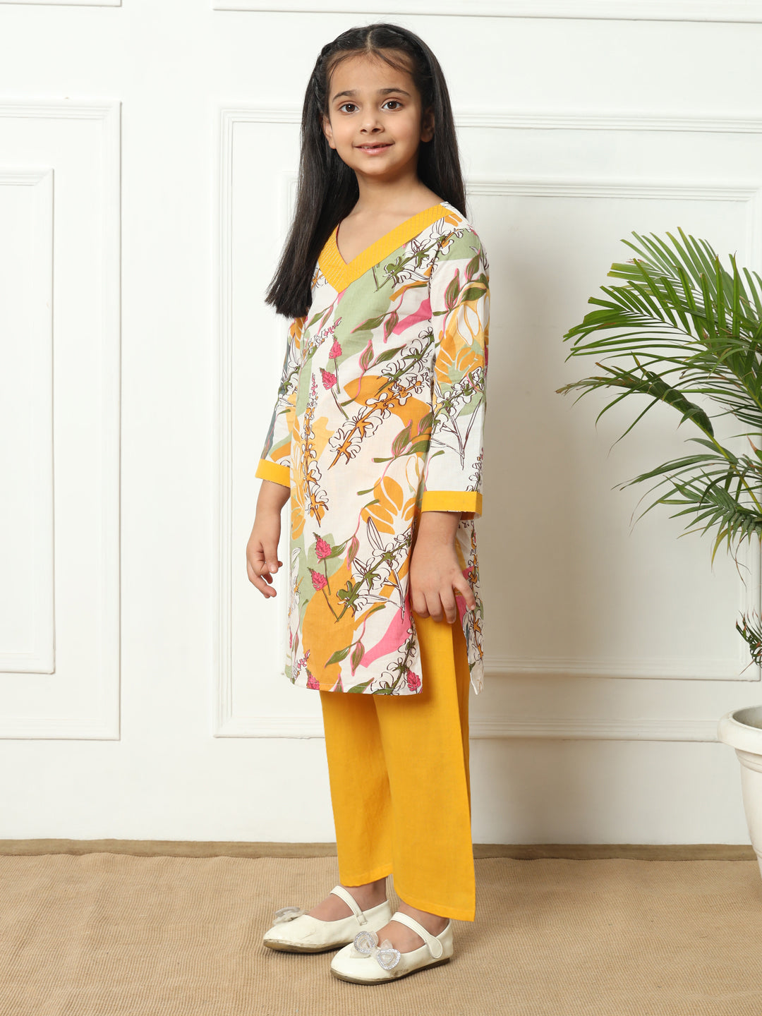 Straight style Cotton fabric Mustard color Kurti with Bottom