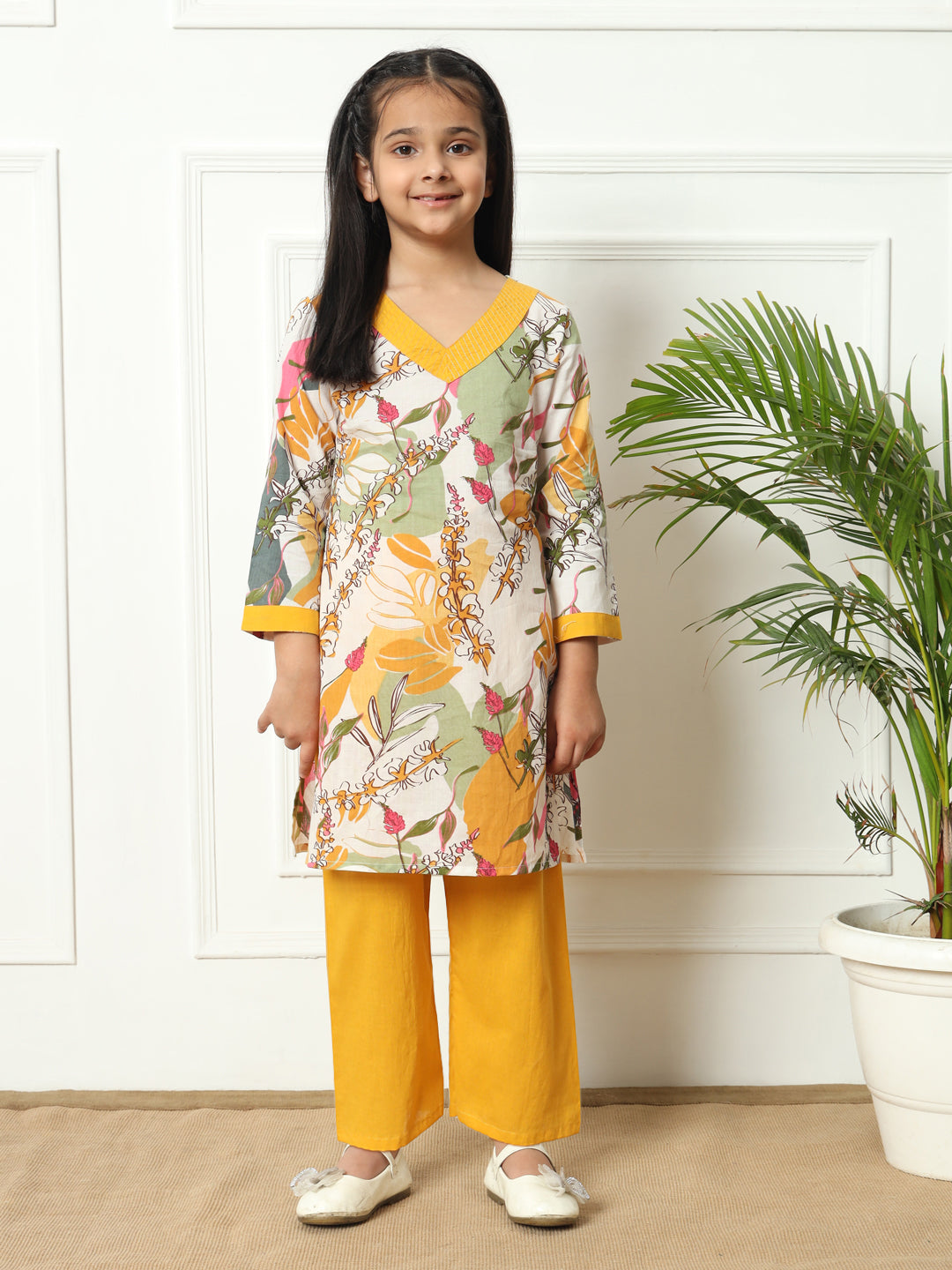 Straight style Cotton fabric Mustard color Kurti with Bottom