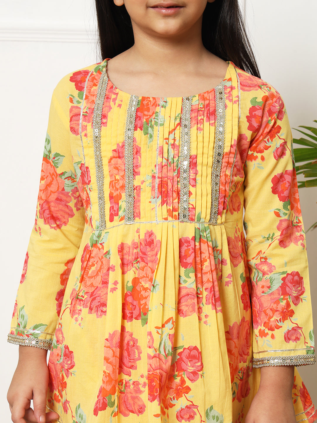 A line style Cotton fabric Yellow color Kurti with Bottom