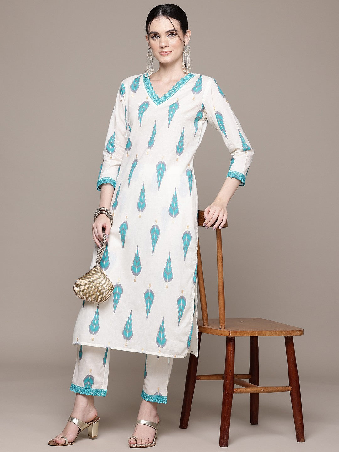 Straight Style Cotton Fabric Turquoise Blue Color Kurta With Bottom