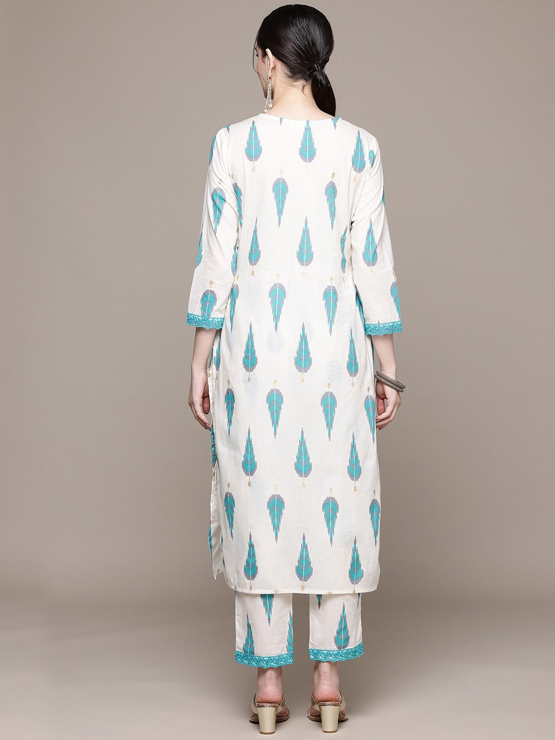 Straight Style Cotton Fabric Turquoise Blue Color Kurta With Bottom