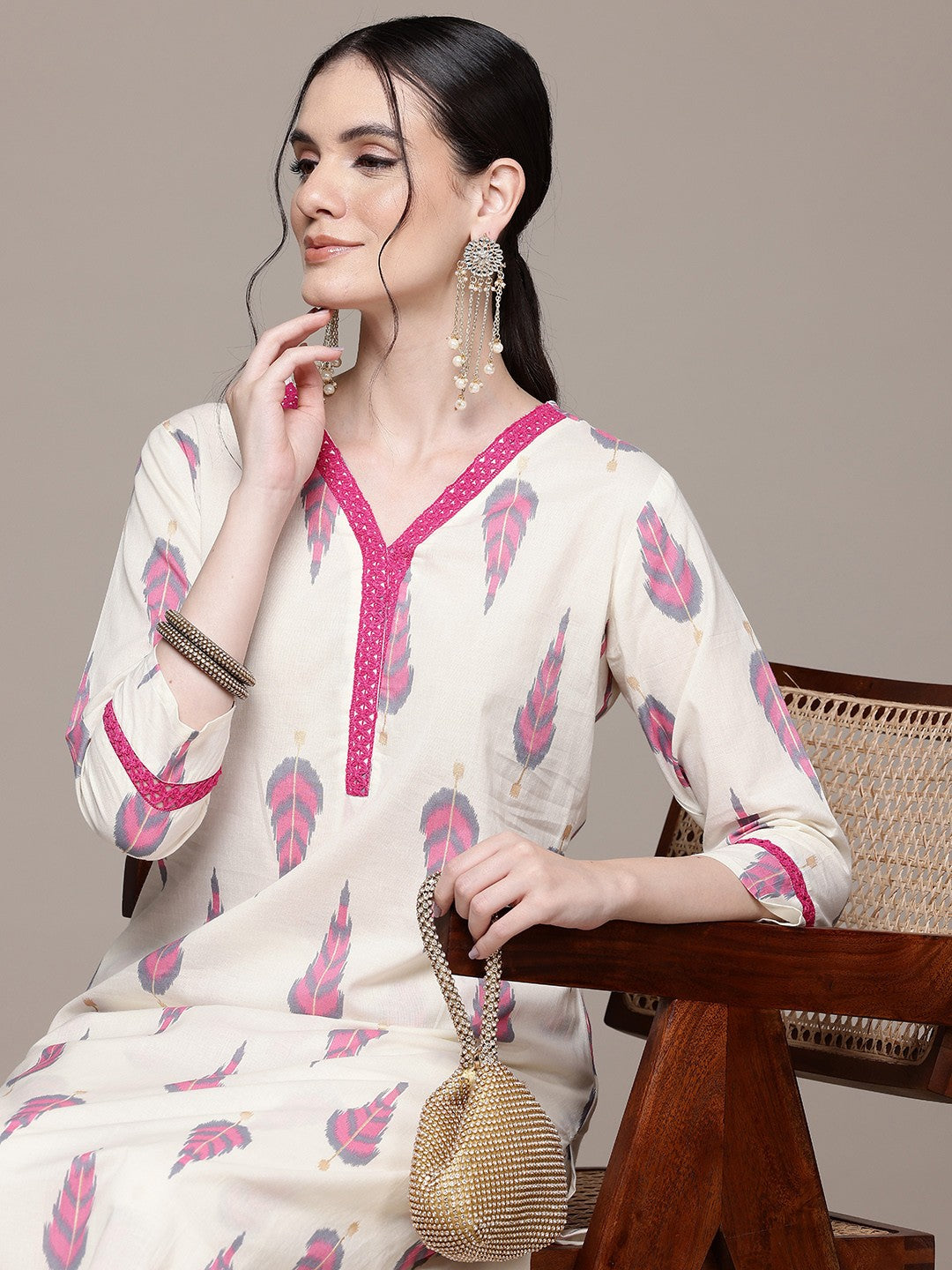 Straight Style Cotton Fabric Magenta Color Kurta With Bottom