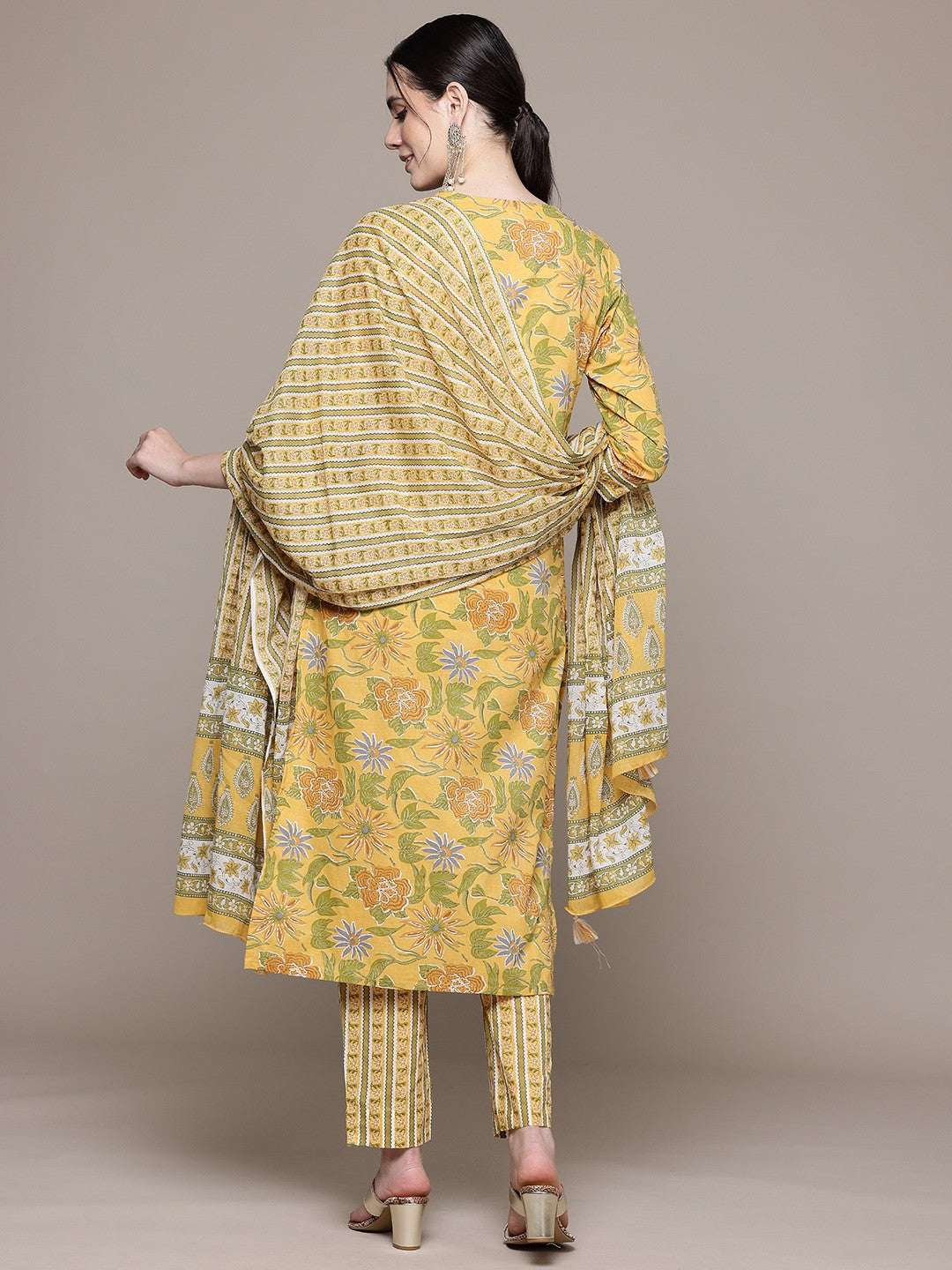 Straight Style Cotton Fabric Mustard Color Kurta With Bottom And Dupatta